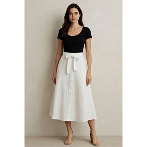 Polo Ralph Lauren White Linen Belted Button Down A Line Full Midi Skirt Size 12